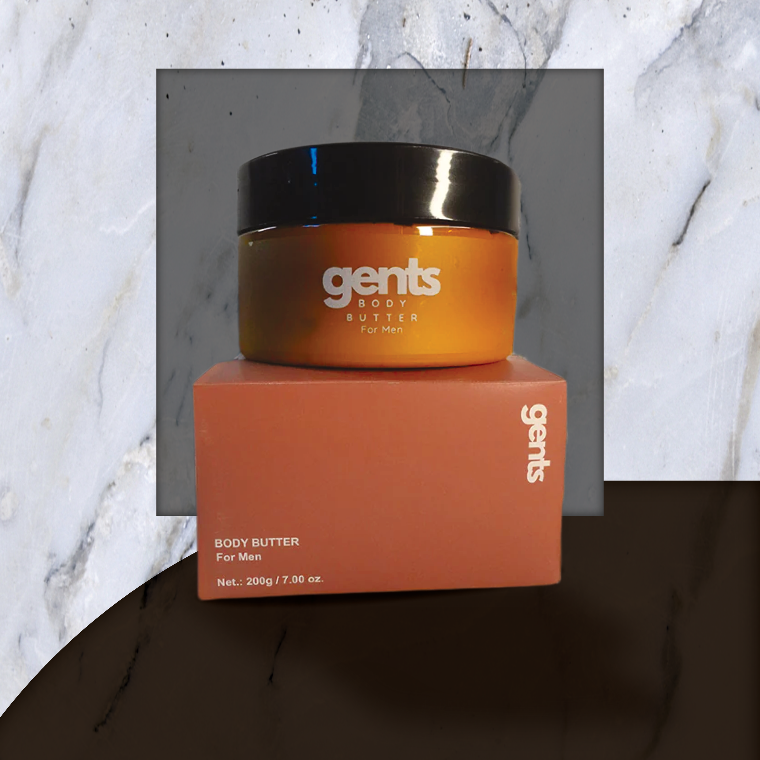 Hand taking body butter from a container labeled 'gents Body Butter for Men.'